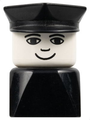 Duplo 2 x 2 x 2 Figure Brick Early, Male on Black Base, Black Police Hat, Small Smile