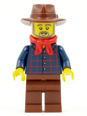 Gold Prospector - Male, Dark Blue Plaid Button Shirt, Reddish Brown Legs, Reddish Brown Fedora Hat, Red Bandana, Beard
