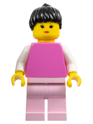 Plain Dark Pink Torso with White Arms, Pink Legs, Black Ponytail Hair