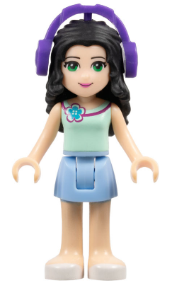 Friends Emma - Bright Light Blue Skirt, Light Aqua Top with Flower, Dark Purple Headphones