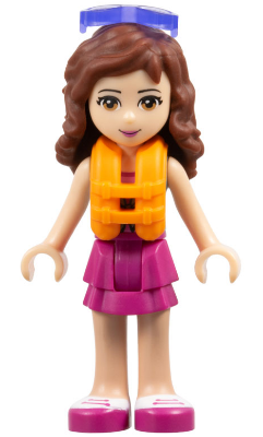 Friends Olivia (Light Nougat) - Magenta Layered Skirt, Sand Green Knotted Blouse Top over Magenta and Pink Striped Shirt, Life Jacket, Sunglasses