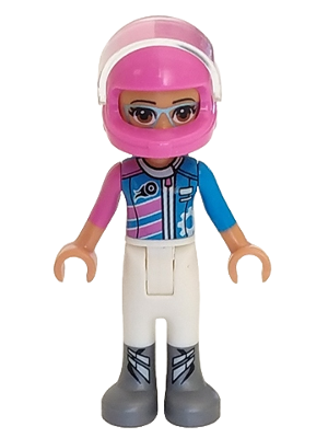 Friends Olivia (Nougat) - White Trousers, Dark Pink and Dark Azure Racing Jacket, Dark Pink Racing Helmet with Reddish Brown Ponytail