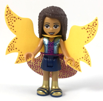 Friends Andrea - Metallic Light Blue Vest over Magenta Top, Dark Blue Skirt, Garish Butterfly Cape and Magenta Skirt, Gold Boots with Dark Blue Trim