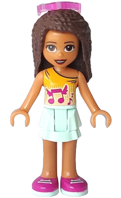 Friends Andrea - Light Aqua Layered Skirt, Bright Light Orange Top with Winged Music Notes, Sunglasses