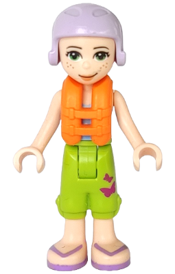 Friends Mia - Lime Cropped Trousers,  Medium Blue Top with 3 Butterflies, Lavender Ski Helmet with Dark Red Hair, Life Jacket