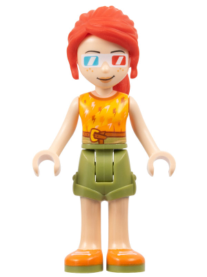 Friends Mia - Olive Green Shorts, Orange and Bright Light Orange Top with Lightning Bolts, Orange Shoes, 3D Glasses