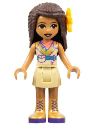 Friends Andrea - Tan Skirt, Coral, Lime and Medium Azure Top, Gold Boots, Flower