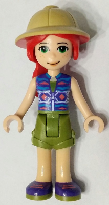 Friends Mia - Olive Green Shorts, Dark Azure and Dark Purple Patterned Sleeveless Jacket with Zipper, Pith Helmet