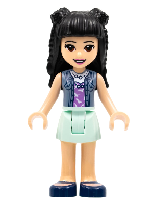 Friends Emma - Aqua Skirt, Sand Blue Vest, Black Hair with Braid Buns and Flower