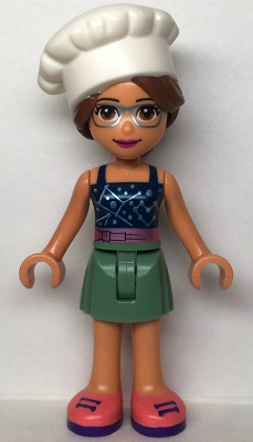 Friends Olivia (Nougat) - Sand Green Skirt, Dark Blue Top with Metallic Pink Belt, White Chef Toque with Hair