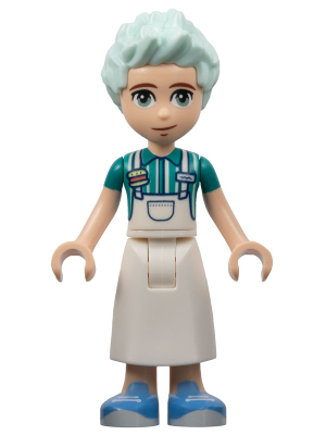Friends Charli - White Apron Top over Dark Turquoise Shirt, White Skirt Long, Medium Blue Shoes