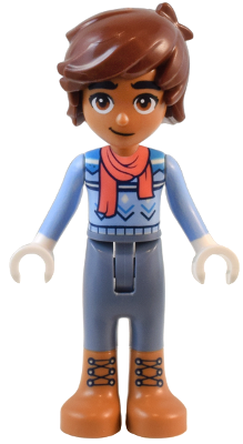 Friends Leo - Bright Light Blue Sweater, Coral Scarf, Sand Blue Trousers, Medium Nougat Boots