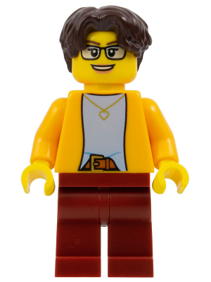 Woman - Bright Light Orange Jacket over Light Bluish Gray Shirt, Dark Red Legs, Dark Brown Short Wavy Hair, Glasses