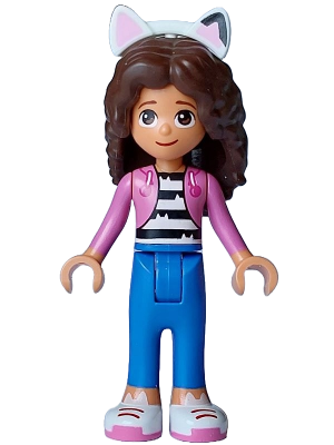 Gabby - Dark Pink Jacket over Black and White Striped Shirt, Blue Trousers, Dark Brown Hair with Internal Supports