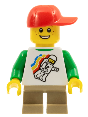 Classic Space Minifigure Floating Pattern, Short Dark Tan Legs, Red Short Bill Cap with Seams