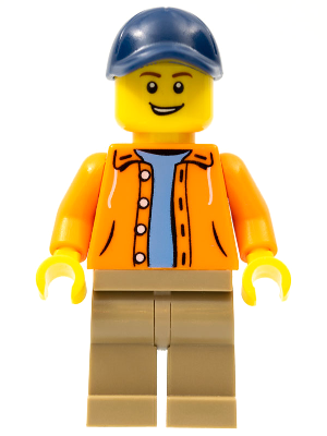 Orange Jacket with Hood over Light Blue Sweater, Dark Tan Legs, Dark Blue Cap with Hole