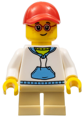 Child - Boy, White Hoodie with Medium Blue Pocket, Tan Short Legs, Red Cap, Glasses, Freckles