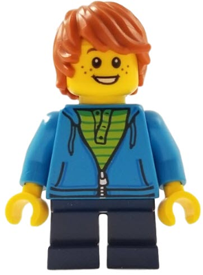 Child - Boy, Dark Azure Hoodie, Dark Blue Short Legs, Dark Orange Tousled Hair, Freckles, Smile with Teeth