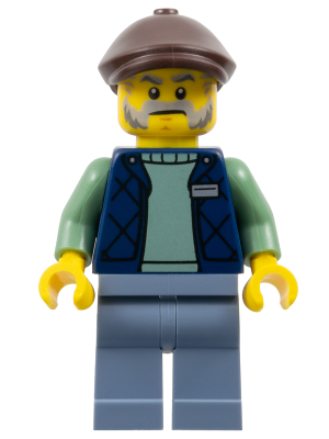 Corner Kiosk Vendor - Male, Dark Blue Bodywarmer over Sand Green Sweater, Sand Blue Legs, Dark Brown Flat Cap