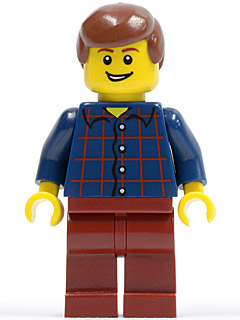 Plaid Button Shirt, Dark Red Legs, Reddish Brown Male Hair, Lopsided Grin with Teeth