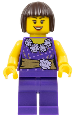 Female Dark Purple Blouse with Gold Sash and Flowers, Dark Purple Legs, Dark Brown Bob Cut Hair