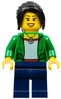 Dragon Boat Race Spectator - Female, Green Jacket Open with Necklace, Dark Blue Legs, Black Ponytail Long with Side Bangs