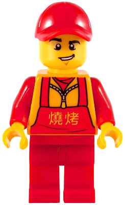 Food Vendor, Red Cap and Apron, Bright Light Orange Chinese Logogram '??' (Barbecue)