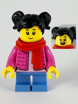 Child - Girl, Dark Pink Puffy Jacket, Medium Blue Short Legs, Black Hair with Pigtails, Red Scarf