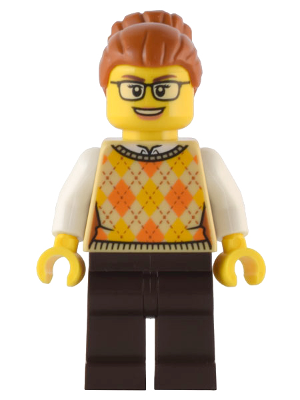 Santa's Toys and Games Store Owner - Female, Tan Knit Argyle Sweater Vest, Dark Brown Legs, Dark Orange Hair with Bun, Glasses