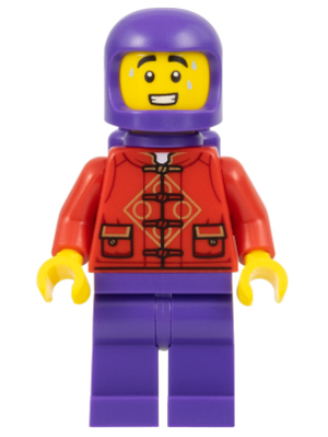 Lunar New Year Parade Participant - Male, Red Tang Shirt, Dark Purple Legs, Space Helmet, and Air Tanks