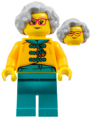 Flower Seller - Female, Bright Light Orange Tang Jacket, Dark Turquoise Legs, Light Bluish Gray Hair, Red Glasses