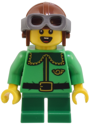 Elf - Bright Green Coat with Dark Green Collar and Gold Horn, Reddish Brown Helmet, and Dark Bluish Gray Goggles