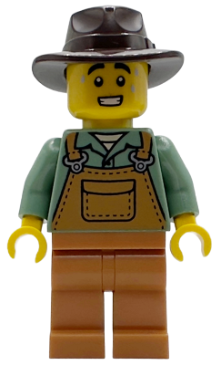 Farmer - Male, Medium Nougat Overalls over Sand Green Shirt, Medium Nougat Legs, Dark Brown Fedora, Sweat