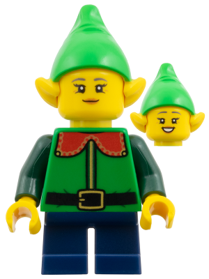 Elf - Female, Bright Green Hat, Green Top with Red Collar, Dark Blue Short Legs
