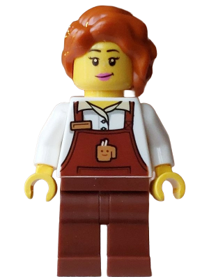 Barista Hot Chocolate Stand - Female, Reddish Brown Apron with Cup and Name Tag, Reddish Brown Legs,  Dark Orange Hair with Braid