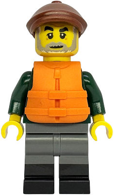 Fisher - Dark Green Open Jacket, Dark Bluish Gray Legs with Black Boots, Reddish Brown Flat Cap, Orange Life Jacket