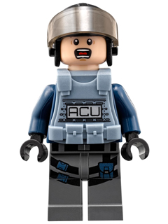 ACU Trooper - Male, Black Aviator Cap with Trans-Brown Visor, Light Nougat Head, Sand Blue Body Armor Vest