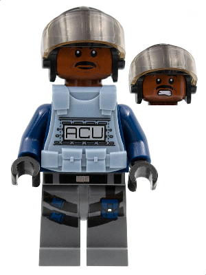 ACU Trooper - Male, Black Aviator Cap with Trans-Brown Visor, Reddish Brown Head, Sand Blue Body Armor Vest