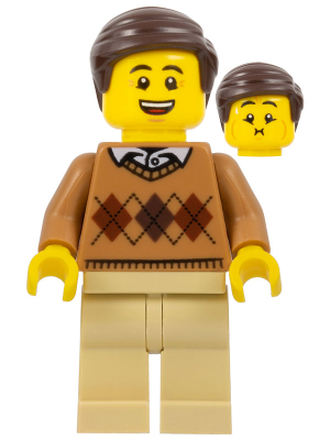 LEGOLAND Park Male with Dark Brown Hair, Medium Nougat Torso Argyle Sweater, Tan Legs