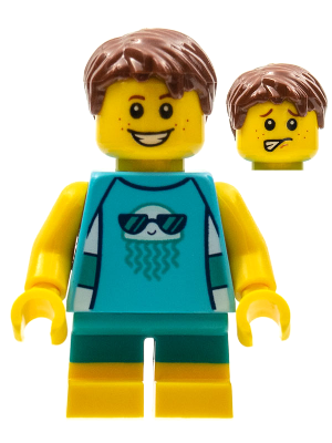 LEGOLAND Park Boy with Reddish Brown Hair, Medium Azure Sleeveless Jellyfish Shirt, Dark Turquoise Short Legs