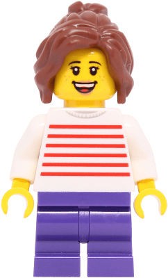 Child - Girl, White Sweater with Red Horizontal Stripes, Dark Purple Medium Legs, Reddish Brown Wavy Hair with Ponytail