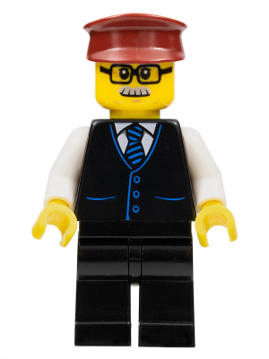 Train Driver - Male, Black Vest with Blue Striped Tie, Black Legs, Dark Red Hat, Glasses and Moustache