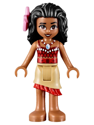 Moana (Medium Nougat) - Mini Doll, Dark Red and Red Top with Strap, Tan Layered Skirt with Red Ruffle, Black Hair, Bright Pink Flower