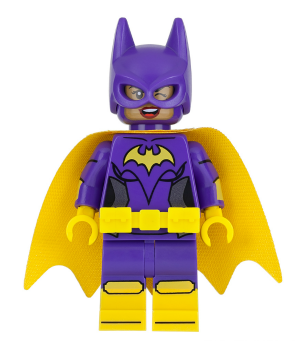 Batgirl - Minifigure, Dark Purple Suit, Yellow Cape, Wink and Open Mouth Smile / Angry