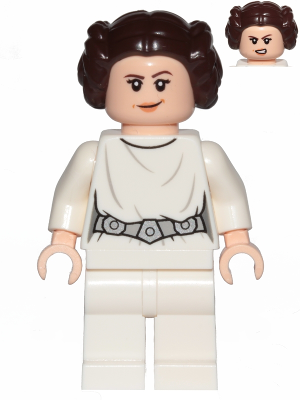 Princess Leia - White Dress, Detailed Belt with 3 Emblems, White Legs, Lopsided Grin / Angry Open Mouth Scowl