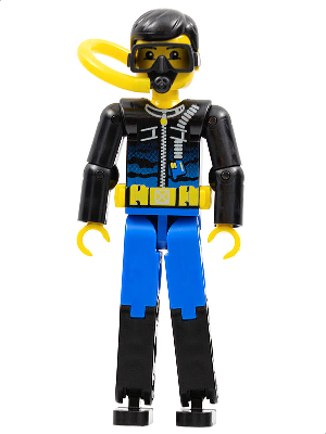 Technic Figure Blue Legs, Black Top with Zippered Wetsuit for Diver Pattern - Air Tank, Hose, and Mask