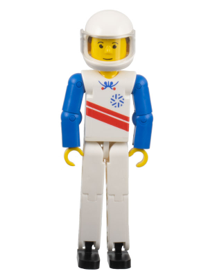 Technic Figure White Legs, White Top with Red Stripes Pattern, Blue Arms, White Helmet (Skier)
