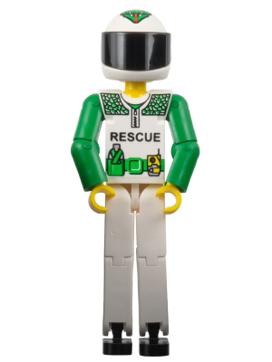 Technic Figure White Legs, White Top with Black 'RESCUE' and Green Belt Pattern, Green Arms, White Helmet with Green Snake, Black Visor - Without Sticker