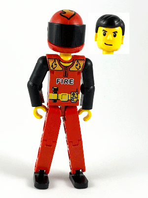 Technic Figure Red Legs, Red Top with Black 'FIRE', Black Arms (Fireman), Red Helmet with Flame, Black Visor - Without Sticker