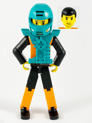 Technic Figure Orange/Black Legs, Orange Torso with Silver Pattern, Black Arms, Black Hair, Dark Turquoise Helmet and Armor